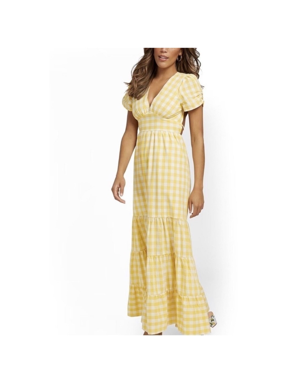 NY and C Lena Yellow Gingham Puff Sleeve Maxi Dress Large